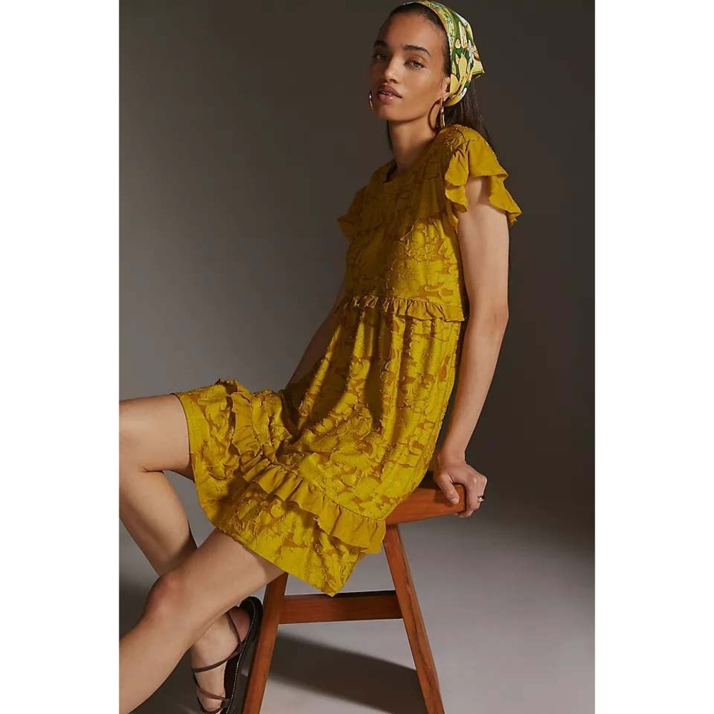 Anthropologie Ruffle Knit Mini Dress S Yellow Floral Burnout Babydoll Swingy New